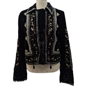 Free People Maxxie Velvet Embellished Jacket Cropped Black XS